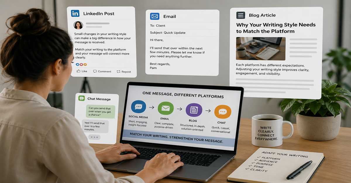 Person working on laptop with multiple communication platforms showing how writing style changes across platforms