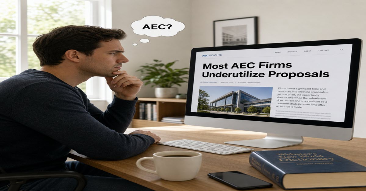 A confused reader looking at an article titled “Most AEC Firms Underutilize Proposals” on a desktop computer in a bright minimalist office setting with a coffee cup, cellphone, and dictionary nearby