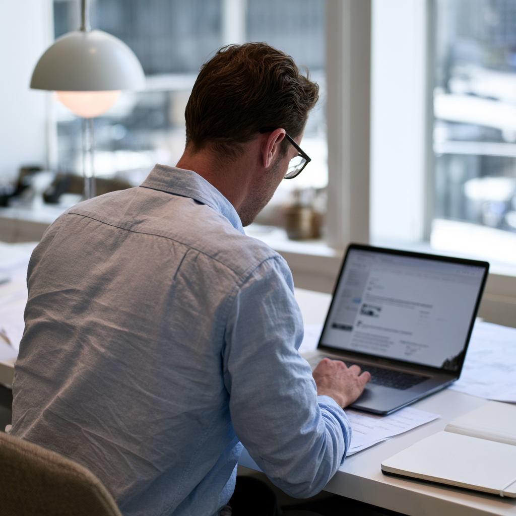 Business professional reviewing a website on a laptop at a desk with project materials
